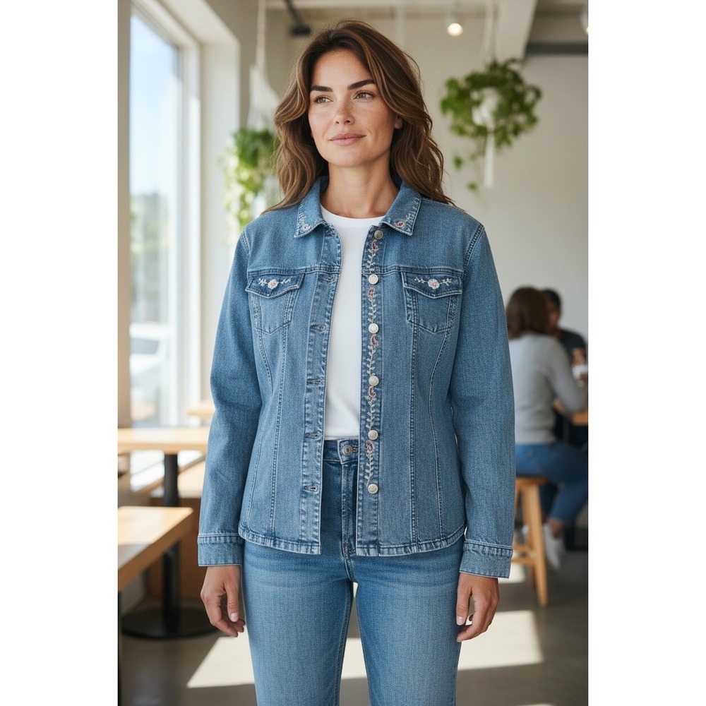 Pendleton Womens Denim Jacket‎ Embroidered Flowers Blue Jean Size L